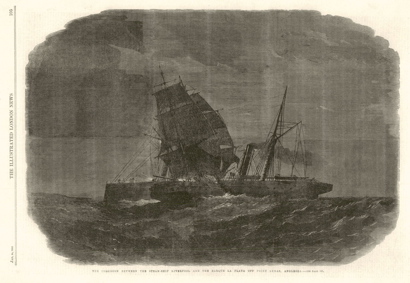 Collision between SS Liverpool & Barque La Plata off Point Lynas, Anglesey 1863